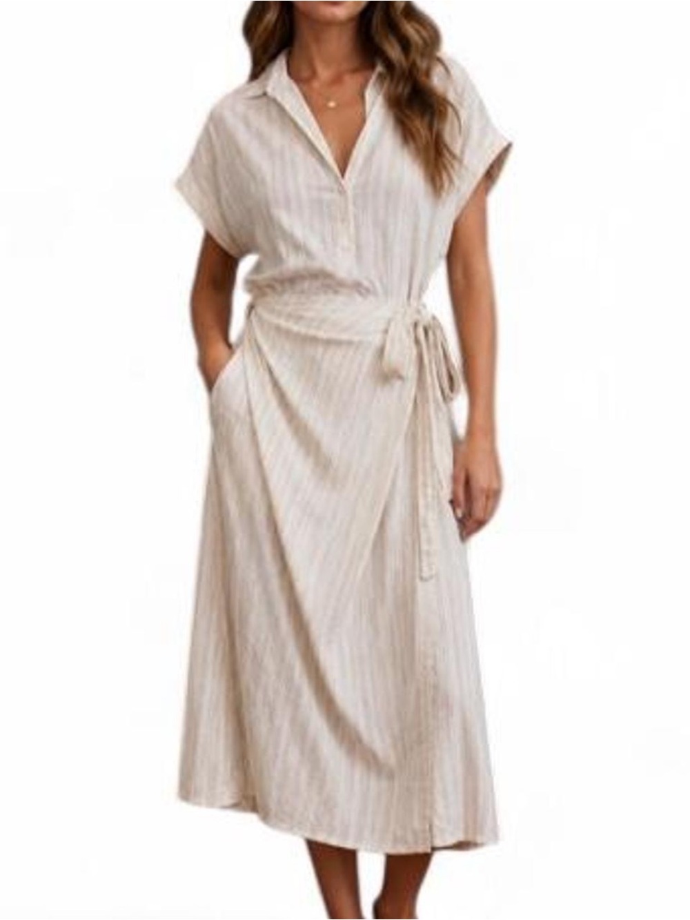Universal Thread Cream Striped Wrap Midi Dress